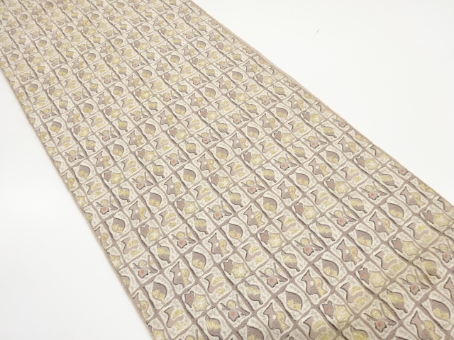 アンティーク　格子に壷・花模様織り出し全通袋帯(材料)